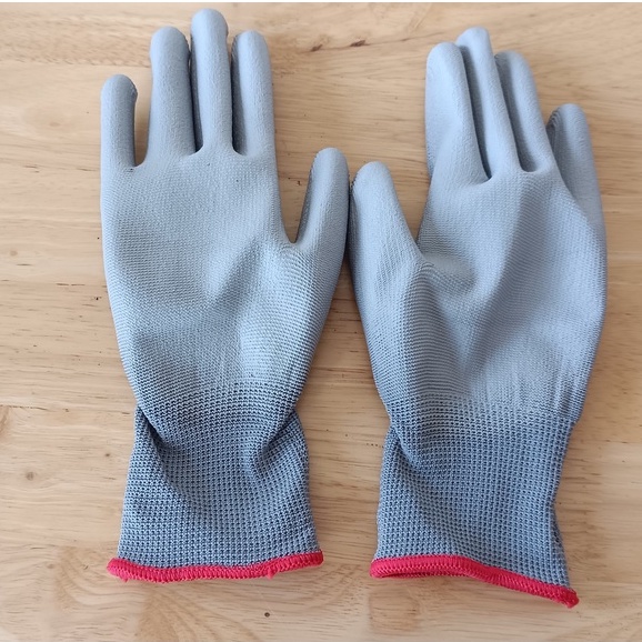 Găng tay phủ PU cả bàn màu trắng, màu xám có viền size S,M dùng trong công nghệ điện tử, sản xuất oto, nông nghiệp