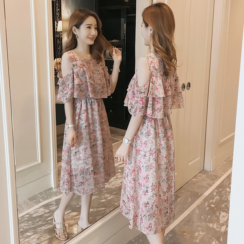 G80 Đầm bầu dáng suông dài hở vai họa tiết hoa nhỏ dễ thương