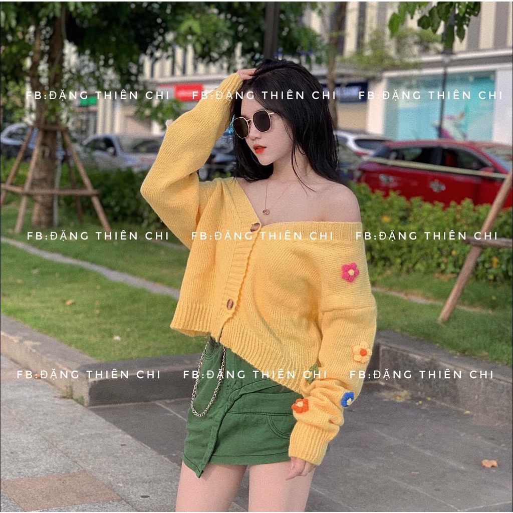 Áo Khoác len Đính Hoa Nổi Tay Cổ V 2 Khuy | Smide Clothing