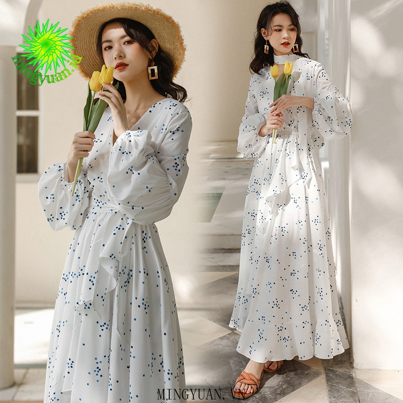 ( Mingyuan ) New V-neck white print long irregular dress