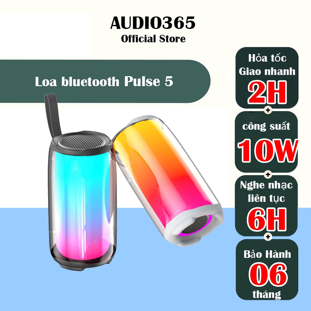 Loa bluetooth Pulse 5 công suất 10W, bass cực hay, đèn led theo nhac, hỗ trợ cổng USB, thẻ nhớ, cổng 3.5mm - Audio365