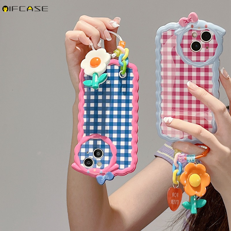 Ốp Điện Thoại Dẻo Họa Tiết Hoạt Hình Hoa / Nơ / Sọc Caro Kèm Vòng Tay & Dây Đeo Cho iPhone 13 12 11 Pro Max