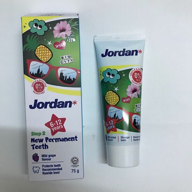 Kem Đánh Răng Jordan Trẻ Em Vị Dâu Tây &amp; Vị Nho 75g (0-5 Tuổi,6-12 Tuổi)