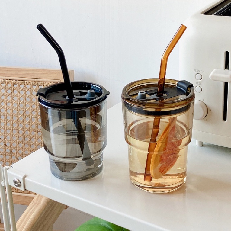 Cốc thuỷ tinhFREESHIPLy nước vỏ da có nắp và ống hút,Uống nước đẹp sang chảnh dung tích 450ml