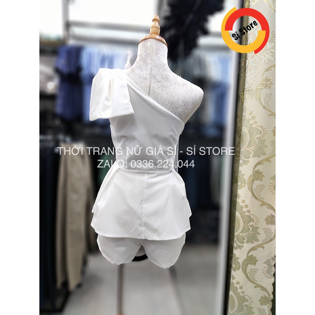 Set Áo Nơ Lớn 1 Bên Vai Kèm Quần (TRẮNG)