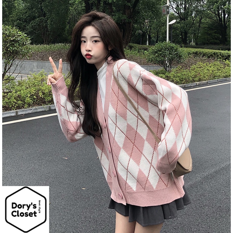 [Có sẵn] Áo khoác len nữ / Cardigan kẻ trám đáng yêu cao cấp nhà Dory