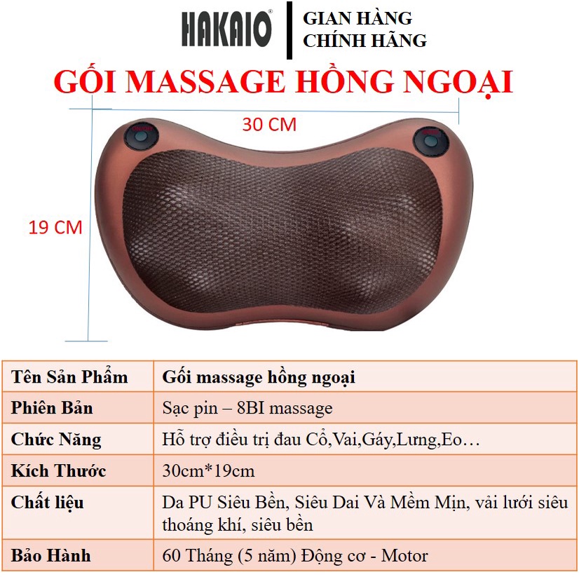 Gối Massage HAKAIO sạc pin Bảo hành 5 NĂM mát xa Vai Gáy 8 Bi Hồng Ngoại Công Nghệ Nhật Bản Cao Cấp