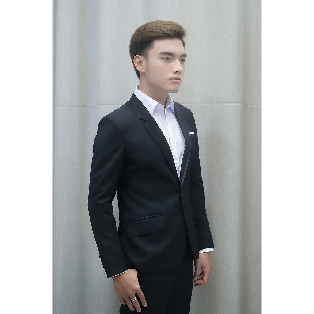 Bộ vest nam 1 nút ôm body màu đen viền đen