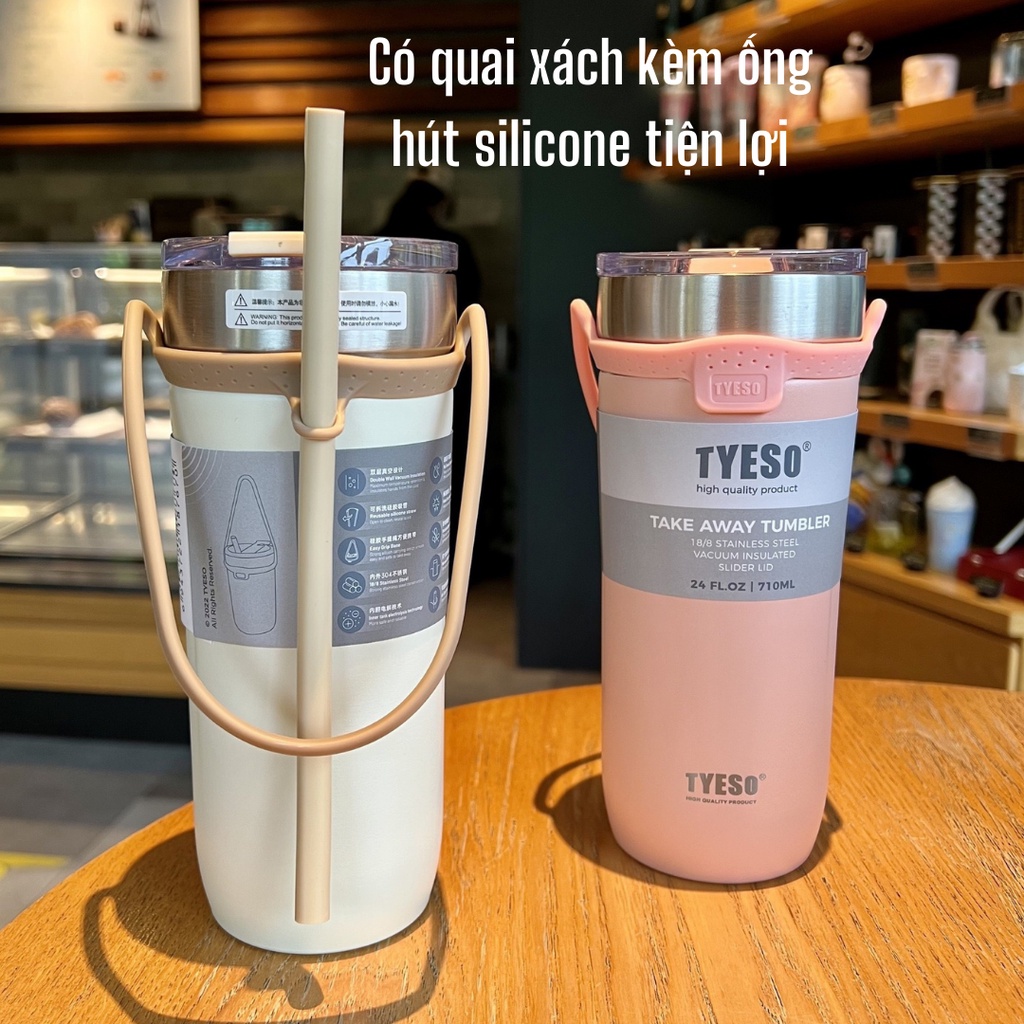 Bình giữ nhiệt Tyeso 550ml &amp; 710ML thiết kế dễ thương kèm ống hút silicone và quai xách silicone rộng rãi