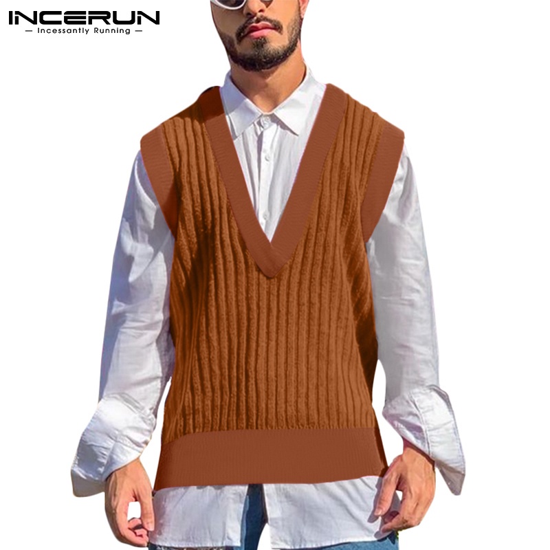 Áo sweater INCERUN không tay cổ chữ V dáng ôm thời trang dành cho nam