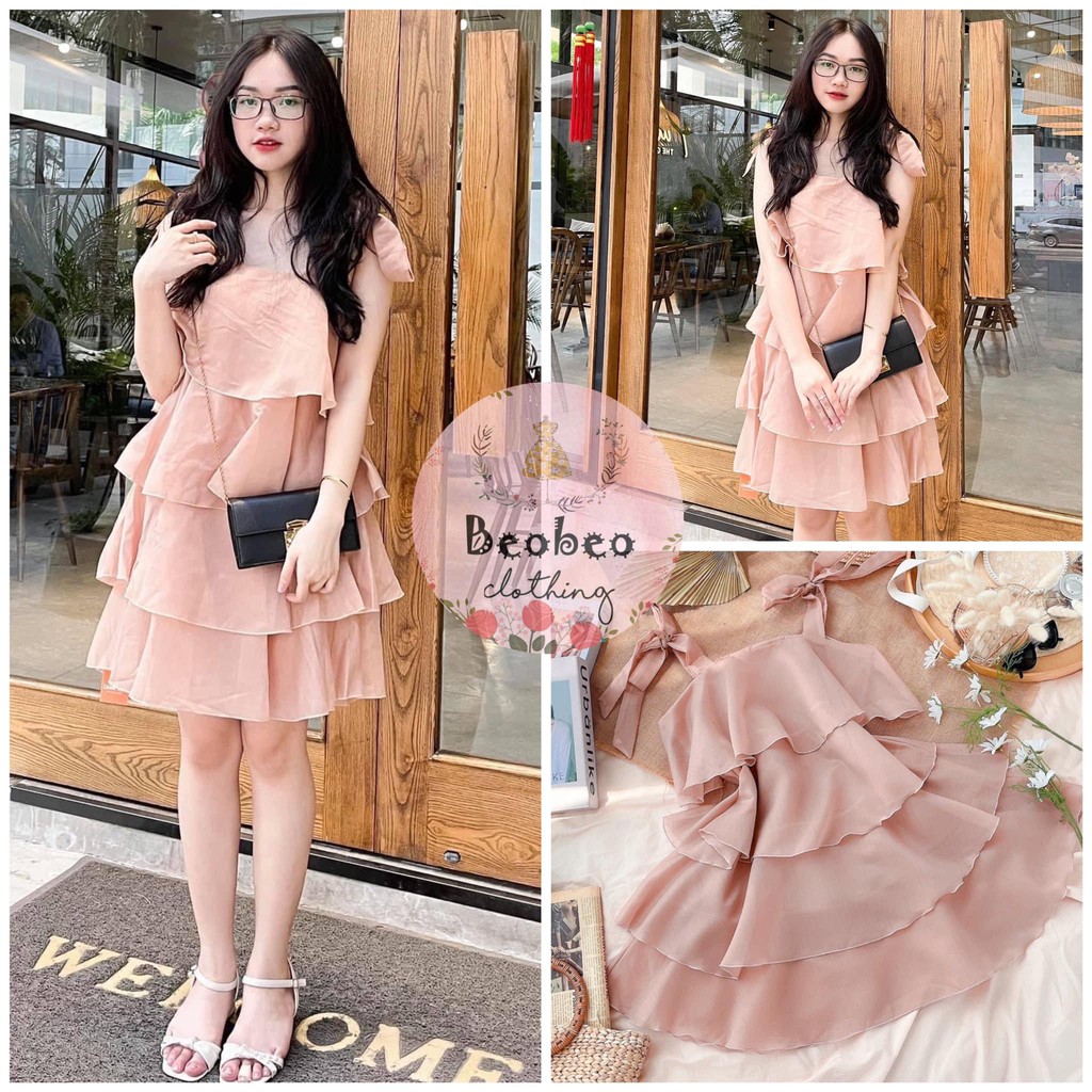 Đầm 2 dây xoè tầng thắt nơ vai dễ thương