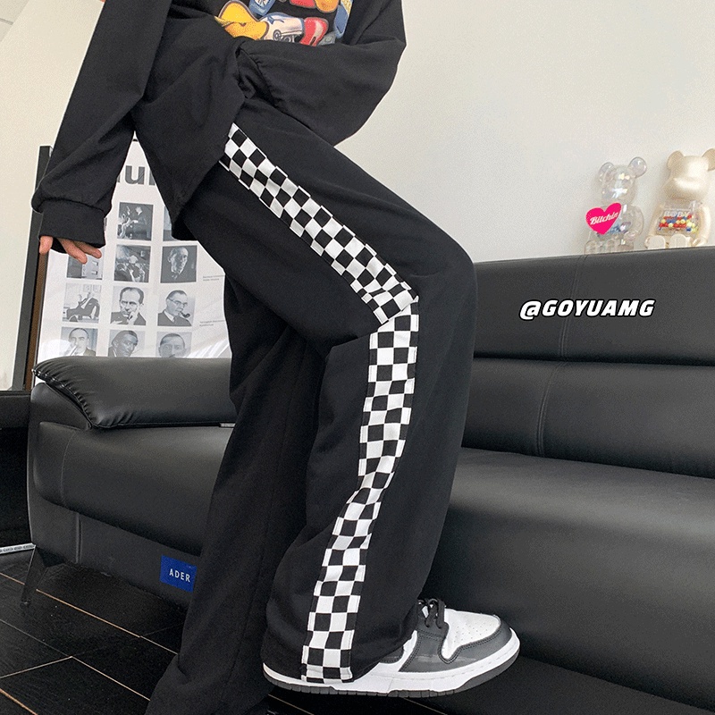 Quần dài ống rộng họa tiết sọc caro phong cách Nhật bản cá tính cho bạn nam