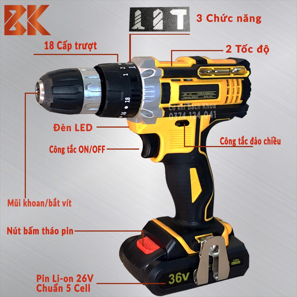 Máy Khoan Pin D.W 36V Có Chế Độ Búa Khoan Tường - may bat vit 2 pin