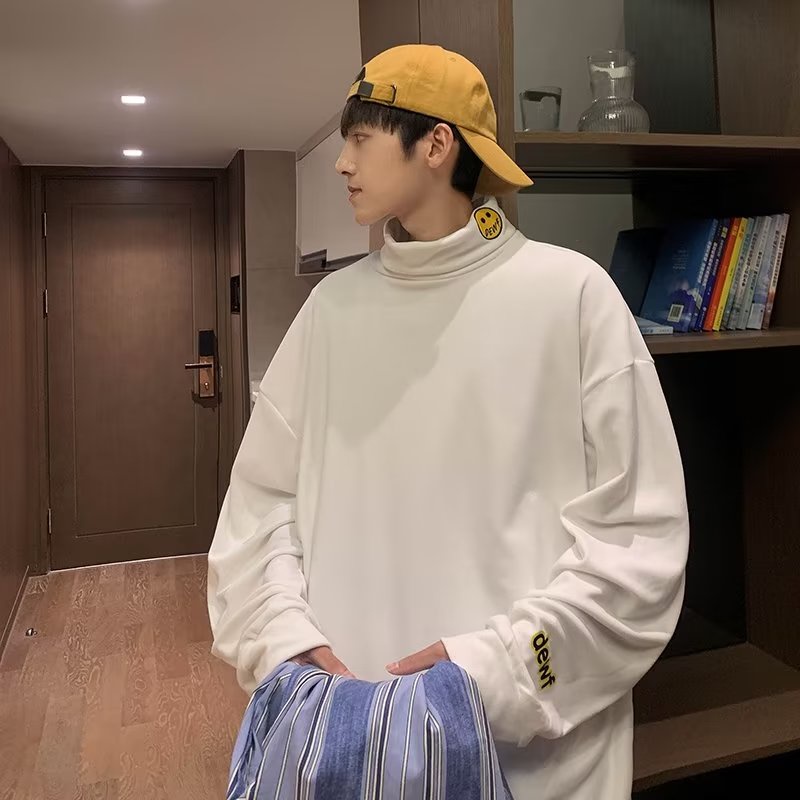 Áo Thun Nam Tay Dài Cổ Cao In Hình Mặt Cười Thời Trang Hàn Quốc