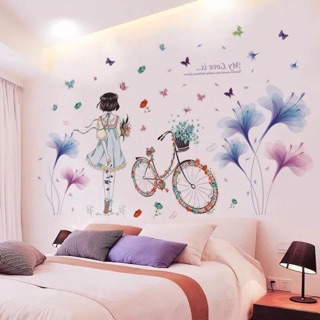 Decal dán tường hoa xanh tím ghép cô gái