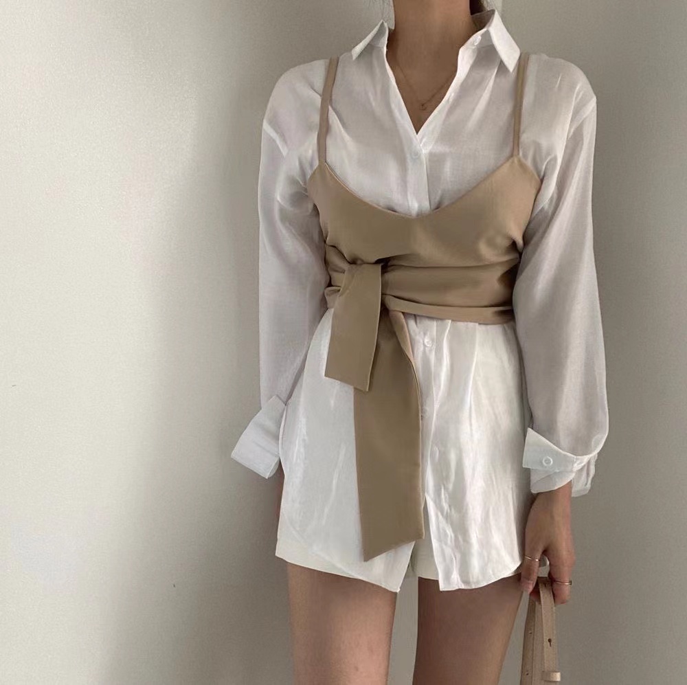 Áo Sơ Mi Dài Tay Hai Dây + Áo Sơ Mi Dài Tay Đơn Giản Phong Cách Hàn Quốc Kiểu Mới Mùa Thu 5713