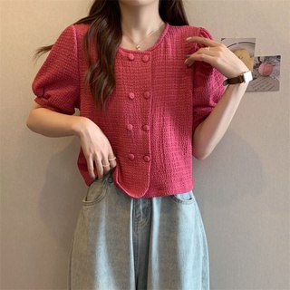 Áo sơ mi đỏ cổ tròn tay cộc dọc 2 đường cúc bọc