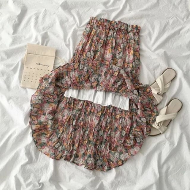 Hàng có sẵn -  Chân váy hoa nhí dài có lót trong