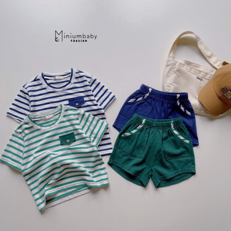 [MINIUMBABY] Đồ Bộ Cộc Tay Kẻ Nắp Túi Cho Bé Trai Hàng thiết kế cao cấp