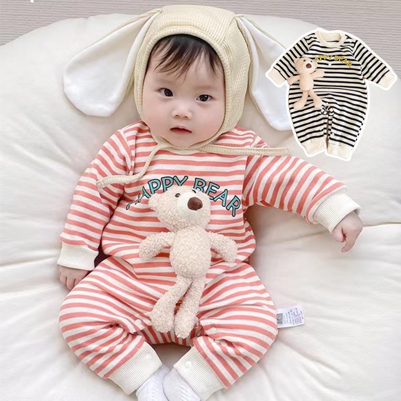 Áo Liền Quần In Hình Gấu Hoạt Hình Dễ Thương Thời Trang Xuân Thu Cho Bé Gái 0-24 Tháng Tuổi