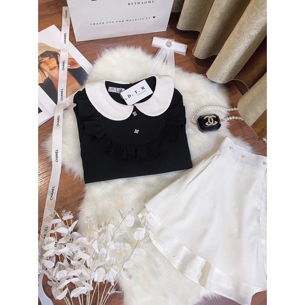 Black Babydoll Top - Áo babydoll cổ sen nhún bèo tay bồng đính đá - Hàng thiết kế DTM