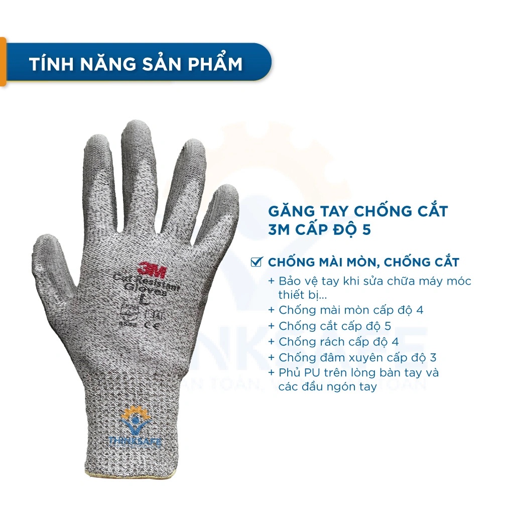 Găng tay chống cắt 3M 3 cấp độ sợi dệt kim, phủ PU bảo vệ tay trong môi trường tôn kính Bao tay chống cắt 3M - THINKSAFE