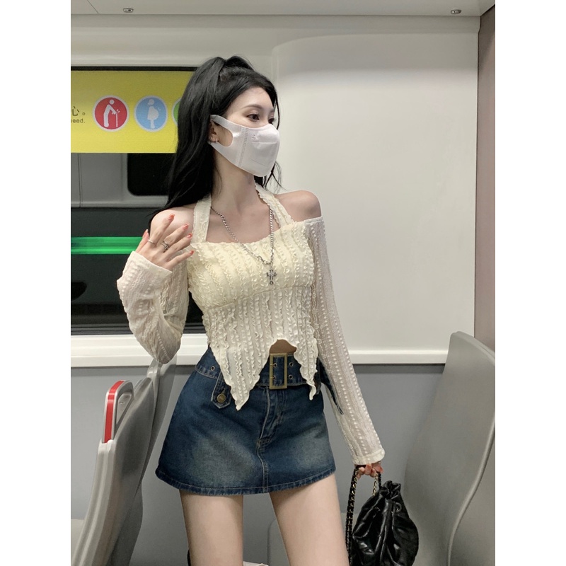 Áo Thun Tay Dài Lệch Vai Dáng Ôm Ngắn Thời Trang Quyến Rũ Cho Nữ