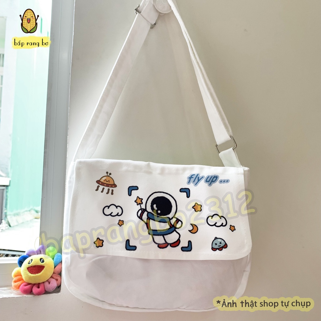 TÚI VẢI ĐEO CHÉO HAPPY SPACE CÓ TÚII CON ĐỂ SÁCH A4 TOTE CANVAS ĐI HỌC ĐI CHƠI
