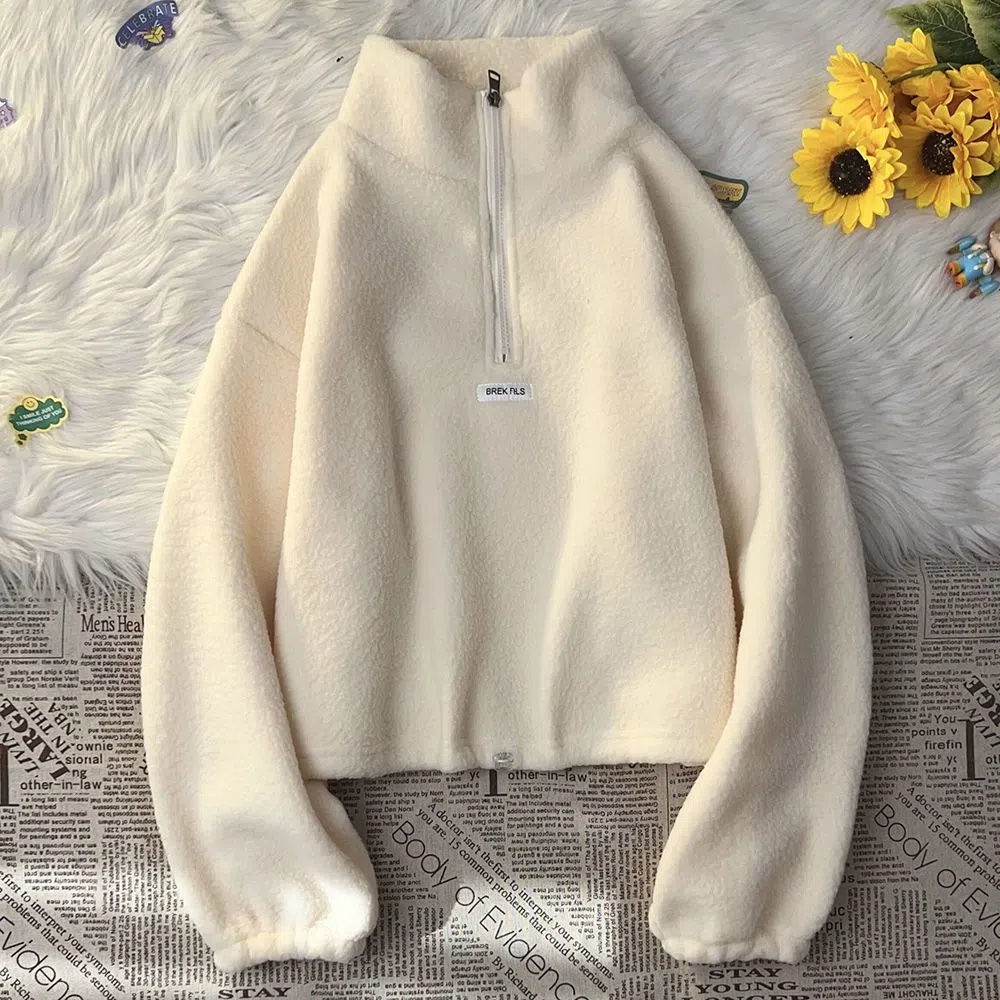 Áo Khoác Len Lông Cừu Cổ Đứng Dáng Rộng Phong Cách Hàn Quốc Cho Nữ