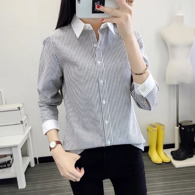 ÁO SƠ MI NỮ KẺ SỌC VIỀN TRẮNG SM725