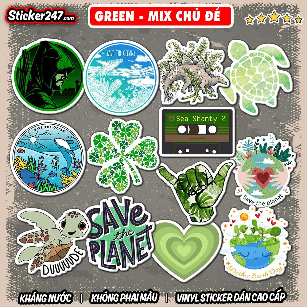 Sticker Green Mix chủ đề 𝑭𝒓𝒆𝒆𝒔𝒉𝒊𝒑 chống nước, decal dán laptop, ipad, mũ bảo hiểm,vali, guitar, ipad ⚫ COL04