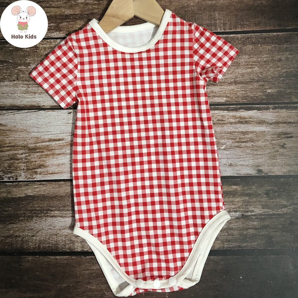 Bodysuit cộc tay vải kẻ caro cho bé trai và bé gái hàng xuất dư