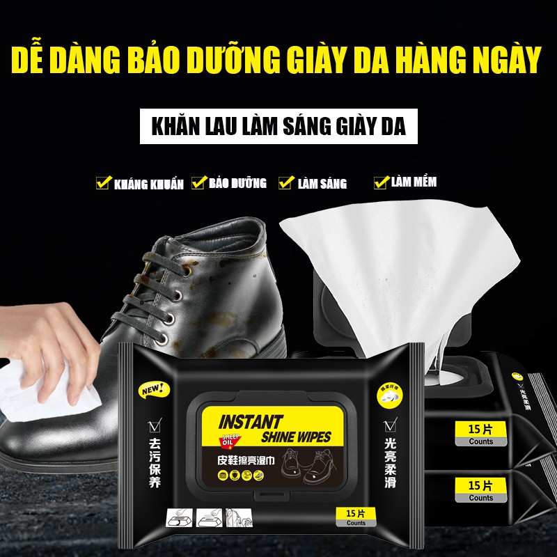 Khăn lau làm bóng giày da INSTANT SHINE WIPES đa năng 15 khăn - Doker Store