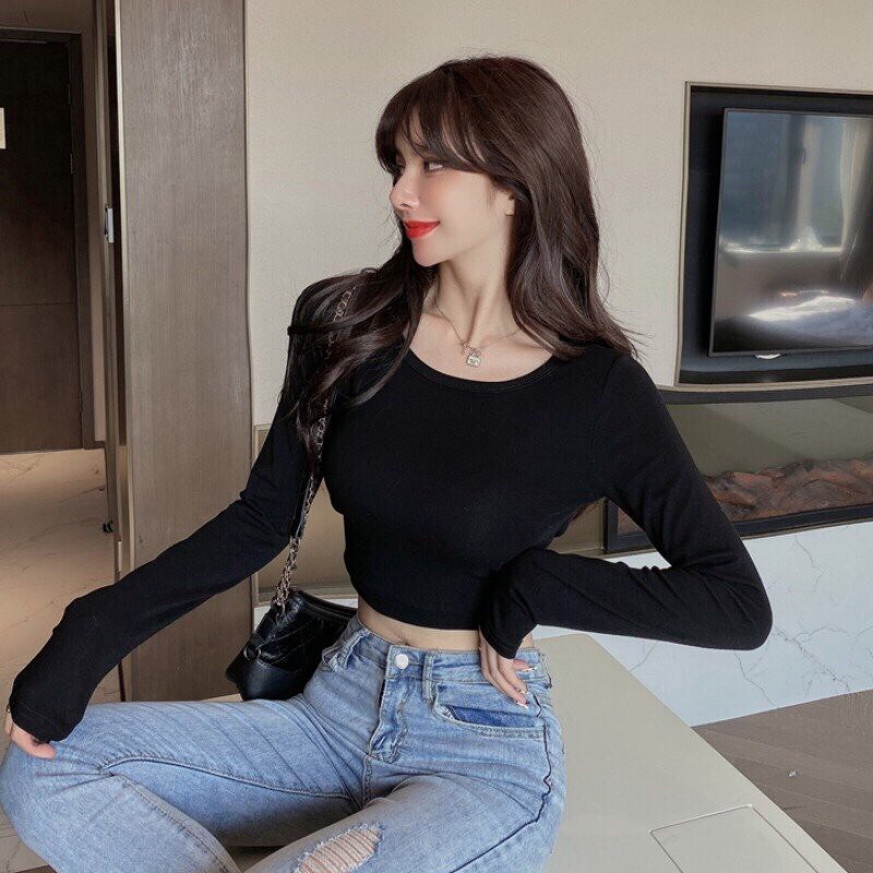 Áo croptop tay dài đang body cổ tròn | BigBuy360 - bigbuy360.vn