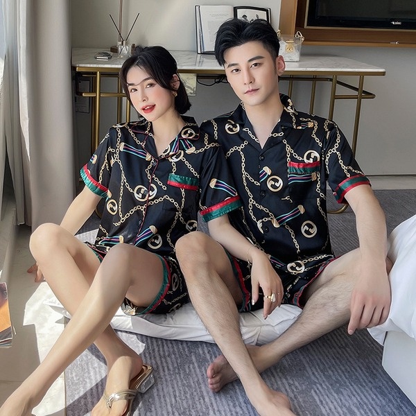 Bộ Đồ Ngủ Lụa Satin Tay Ngắn Plus Size M-5XL Phong Cách Hàn Quốc Dành Cho Nam Và Nữ