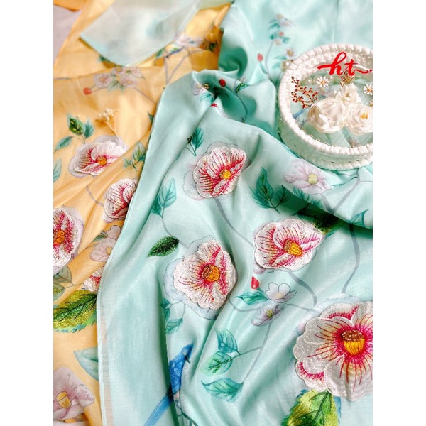🌼Áo dài cách tân 4 tà Chi Mai thướt tha màu vàng màu xanh hoạ tiết thêu nổi đính hạt kim sa cao cấp thời trang thiết kế