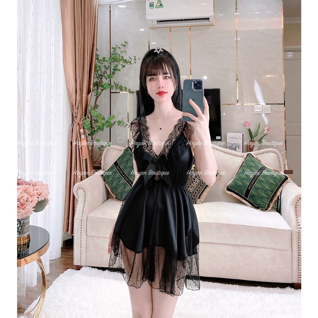 HT57 Váy ngủ sexy viền ren tiểu thư sang chảnh, váy ngủ lụa dáng xoè xẻ ngực gợi cảm HT57