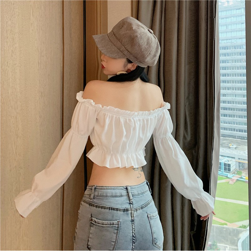 Áo trễ vai croptop nữ chun bồng tay dài F15