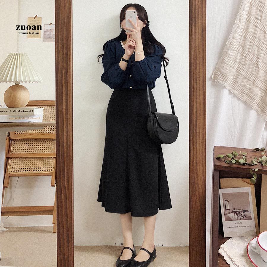 SUXI Áo Sơ Mi Nữ Thiết Kế Tay Dài Màu Trơn Kiểu Hàn Quốc