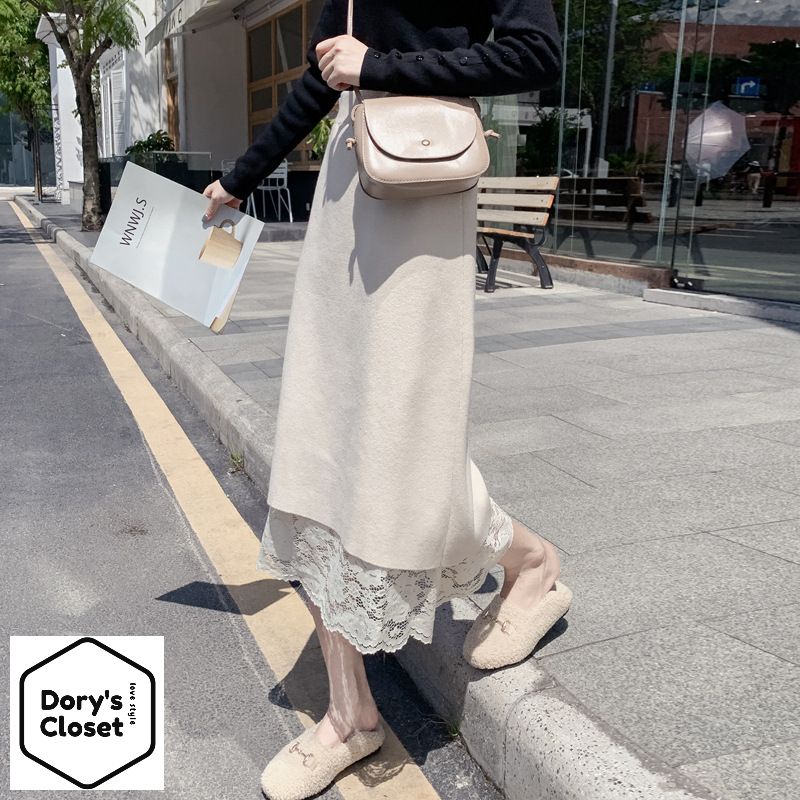 Chân váy len vintage dài ren hoa hai lớp dày dặn Dory's Closet