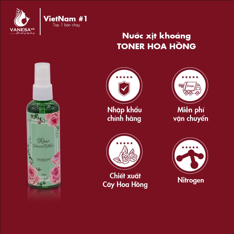Nước xịt khoáng kiêm Toner hoa hồng Vanesa sáng da dưỡng ẩm làm sạch da 100ml