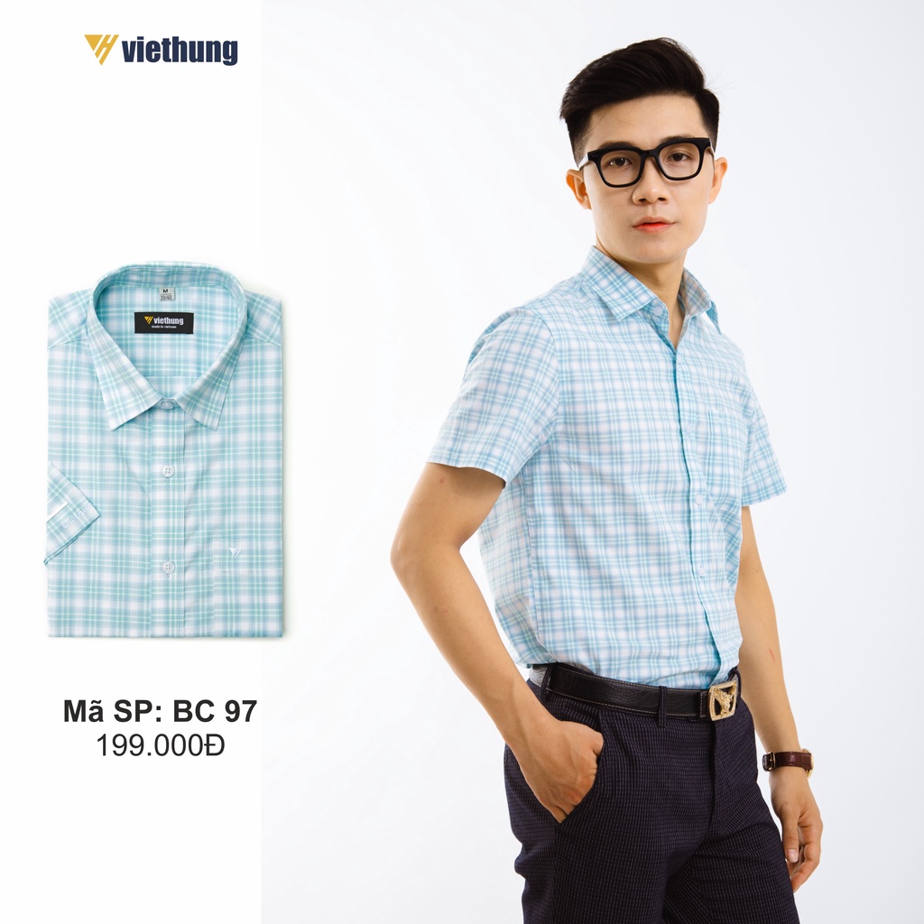 Áo Sơ Mi Nam Công Sở Thương Hiệu Việt Hưng Họa Tiết Caro Trắng Xanh Ngắn Tay Vải Cotton - BC97