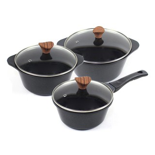 Bộ nồi 3 món màu đen núm gỗ Kitchen Art. Hàng nội địa Hàn Quốc