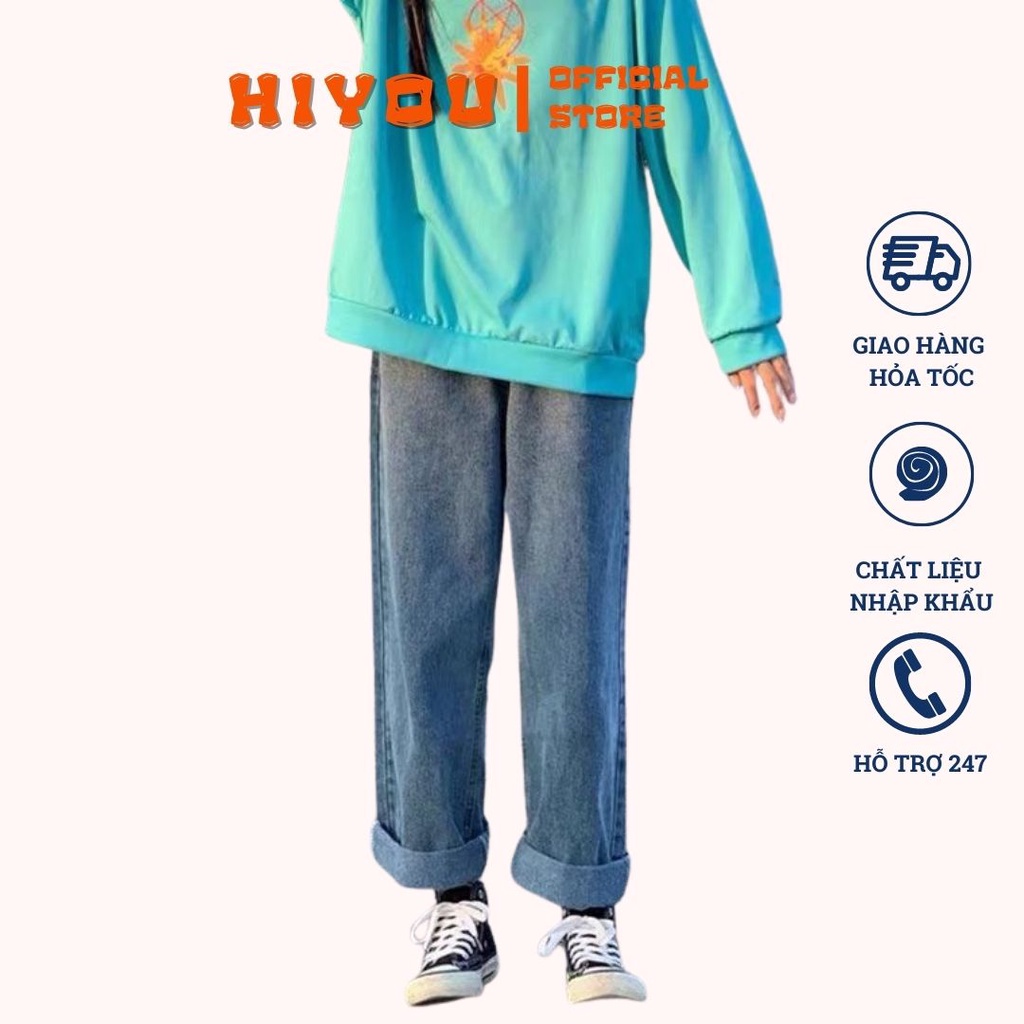 Quần jean nữ lưng cao ống suông,rộng Hiyou, Quần bò nữ lưng cao ống rộng style hàn quốc dáng suông hot 2022 TR01