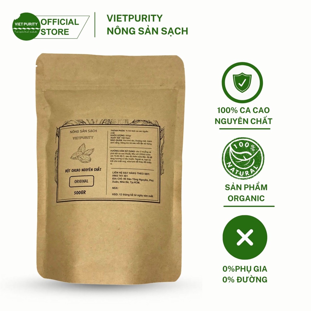 Bột cacao nguyên chất 500g Daklak không đường giảm cân Vietpurity