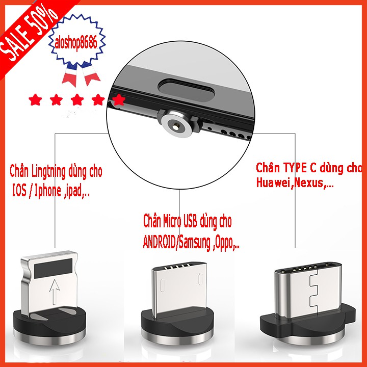 [ FREESHIP TỪ 50K ] Hỗ trợ sạc nhanh | Dây sạc nam châm COMBO 3 đầu iphone | micro USB | Type C xoay 360 độ ALOSHOP8686