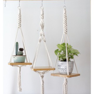 Kệ Gỗ Treo Tường Trang Trí Dây Thừng Trắng Mini Macrame