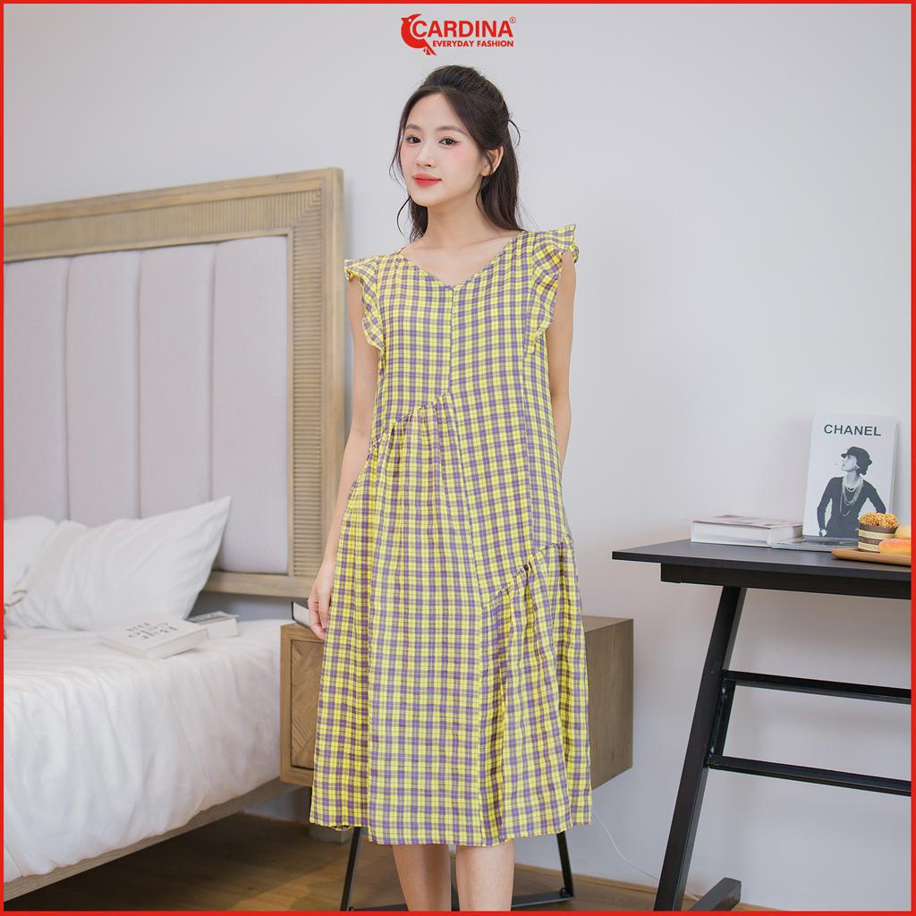 Đầm nữ CARDINA  chất thô cao cấp dáng suông kẻ bèo vai lệch tầng trẻ trung 3VTH06