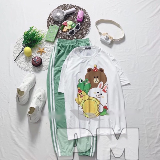 Sét áo gấu và trà + quần bo gấu xanh