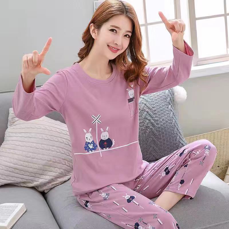 Bộ đồ ngủ tay dài 100% cotton in họa tiết hoạt hình ngọt ngào thời trang xuân thu cho nữ